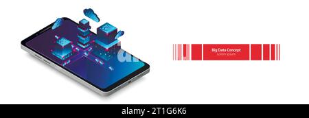 Isometric mobile phone. Вig data flow processing concept, cloud database. Abstract technology background. Vector illustration Stock Vector