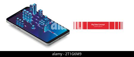 Isometric mobile phone. Вig data flow processing concept, cloud database. Abstract technology background. Vector illustration Stock Vector