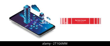 Isometric mobile phone. Вig data flow processing concept, cloud database. Abstract technology background. Vector illustration Stock Vector