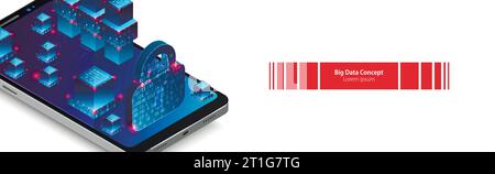 Isometric mobile phone. Вig data flow processing concept, cloud database. Abstract technology background. Vector illustration Stock Vector