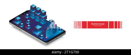 Isometric mobile phone. Вig data flow processing concept, cloud database. Abstract technology background. Vector illustration Stock Vector