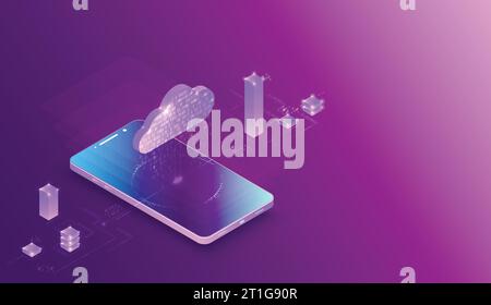 Isometric mobile phone. Вig data flow processing concept, cloud database. Abstract technology background. Vector illustration Stock Vector