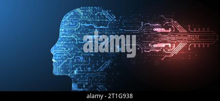 Artificial intelligence (AI) and big data concept. Machine cyber mind.  Humen face with binary data flow. Technology vector background. Stock Vector