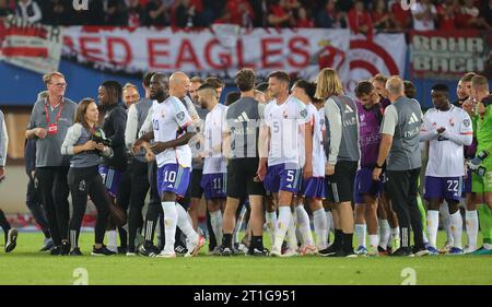 Vienna, Austria. 13th Oct, 2023. Belgium's players celebrate after winning a soccer game between Austria and the Belgian national soccer team Red Devils, at the Ernst Happel Stadium in Vienna, Austria, Friday 13 October 2023, match 6/8 in Group F of the Euro 2024 qualifications. BELGA PHOTO VIRGINIE LEFOUR Credit: Belga News Agency/Alamy Live News Stock Photo