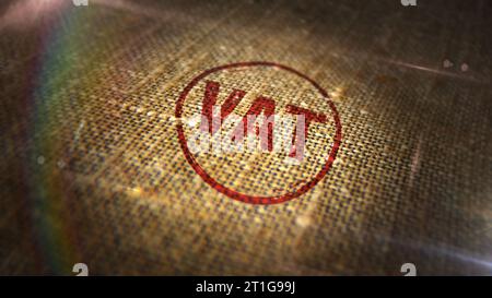 VAT stamp printed on linen sack. Value-added tax and invoice payment concept. Stock Photo