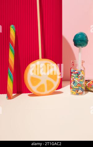 Delicious colorful candies on red and pastel pink background. Close up Stock Photo