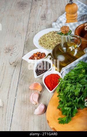 Chimichurri argentine sauce and ingredients  to prepare it Stock Photo
