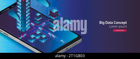 Isometric mobile phone. Вig data flow processing concept, cloud database. Abstract technology background. Vector illustration Stock Vector