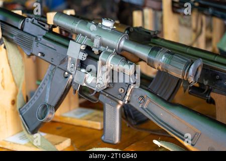 AK-47 Kalashnikov assault rifle with folding shoulder rest and optics Stock Photo