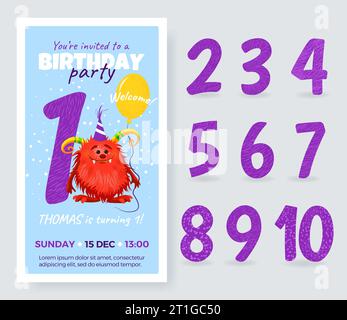 Happy Birthday invitation card with monster and different numbers. Stock Vector