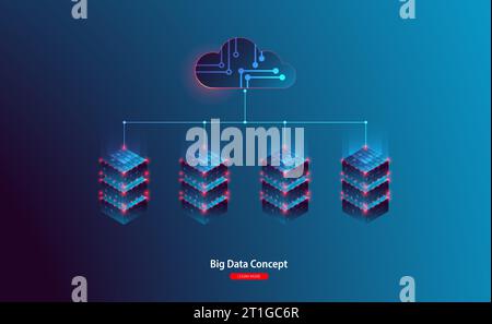 Cloud computing, storage, hosting, services. Vector concept. Computer technology, network, database, internet center. Stock Vector