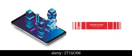 Isometric mobile phone. Вig data flow processing concept, cloud database. Abstract technology background. Vector illustration Stock Vector
