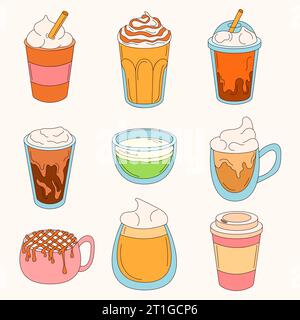 Collection of coffee cups in doodle style. Set of cartoon mugs with beverages. Vector isolated illustration. Stock Vector