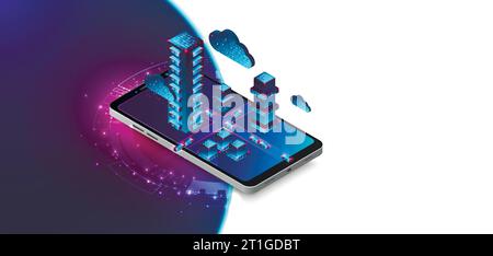 Isometric mobile phone. Вig data flow processing concept, cloud database. Abstract technology background. Vector illustration Stock Vector