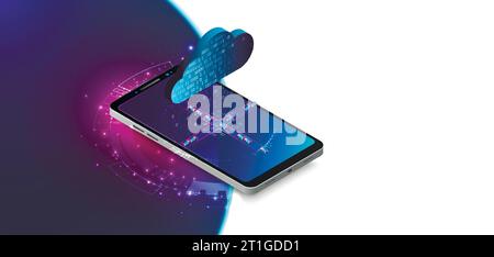 Isometric mobile phone. Вig data flow processing concept, cloud database. Abstract technology background. Vector illustration Stock Vector