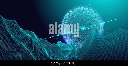 Abstract sphere. Wireframe landscape background. Futuristic vector illustration. Stock Vector