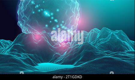 Abstract sphere. Wireframe landscape background. Futuristic vector illustration. Stock Vector