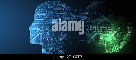 Artificial intelligence (AI) and big data concept. Machine cyber mind.  Humen face with binary data flow. Technology vector background. Stock Vector