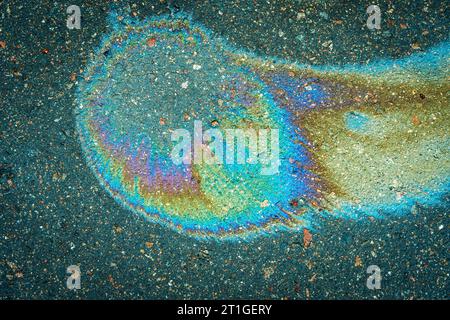 Spills of fuel or oil on the asphalt road as texture or background. Spot in the form of a cat's head. Stock Photo