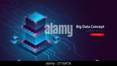 Isometric big data flow processing concept, database. Abstract technology background. Vector illustration Stock Vector