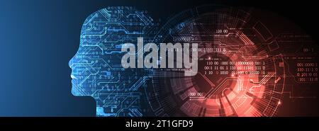 Artificial intelligence (AI) and big data concept. Machine cyber mind.  Humen face with binary data flow. Technology vector background. Stock Vector