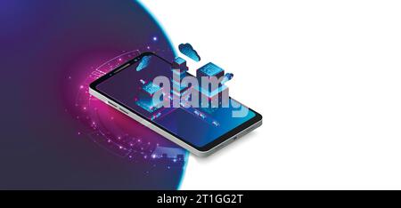 Isometric mobile phone. Вig data flow processing concept, cloud database. Abstract technology background. Vector illustration Stock Vector