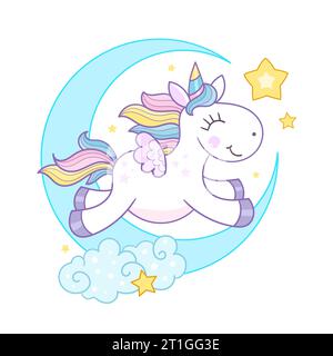 A cheerful unicorn jumps on the moon. Vector illustration Stock Vector