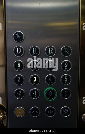 Floor buttons inside the elevator. Elevator buttons in high-rise building. Stock Photo