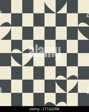 Checkered heart shapes abstract seamless pattern swatch. Decorative geometrical grid. Black white vintage colours palette. Graphical ornamental Stock Vector