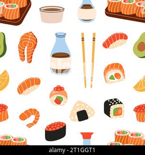 Sushi pattern. Sushi and rolls seamless banner. Tobiko maki, philadelphia roll, onigiri, shrimp nigiri, tekkamaki tuna roll, futomaki, sake temaki Stock Vector