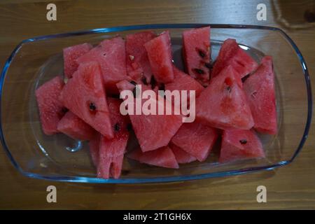 Sliced ​​watermelon. Refreshing watermelon standing on plate. Stock Photo