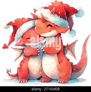 Christmas cute little 2 dragons hugging in watercolor style on white background Stock Vector