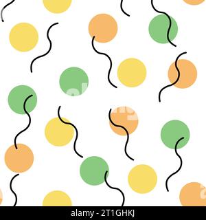 Groovy colorful dots seamless pattern in y2k style. Basic random circles with black lines. Stock Vector