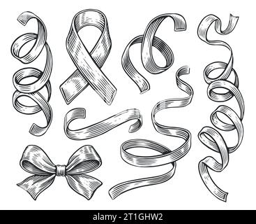 Ribbon and Bow set. Collection of decorative holiday elements for birthday, wedding or Christmas celebration Stock Vector