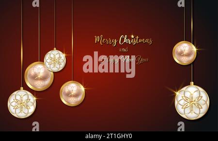 Christmas luxury holiday banner with gold handwritten Merry Christmas and Happy New Year greetings and gold colored Christmas balls. Vector Stock Vector