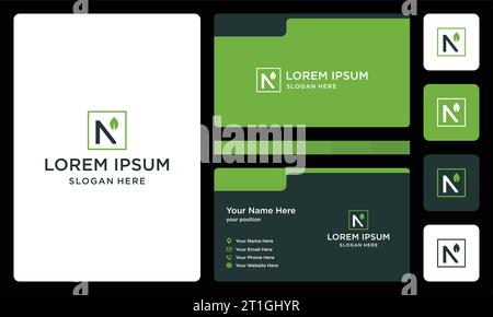 letter N with leaves and business card design template. icon for business luxury, elegant, simple. Premium Vectors. Stock Vector