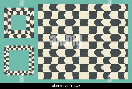 Frames, seamless pattern Set. Checkered distorted abstract seamless pattern swatch. Decorative wavy geometrical grid. Black white vintage colours Stock Vector