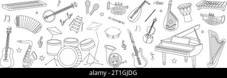 Musical instruments sketch set. Musical school horizontal illustration. Tuba, trumpet, drum flute, french horn, lute, violin, electric bass guitar. Stock Vector