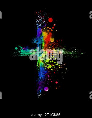 colored cross made of blots on a black background. Happy easter. hand drawing. Not AI, Illustrat3. Vector illustration Stock Vector