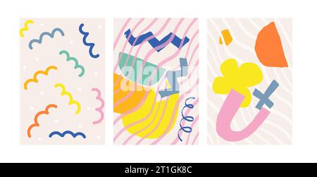Naive groovy abstract shapes set. Brutal contemporary figure star oval wave patterns. Swiss design aesthetic. Geometric posters in trendy retro brutal Stock Vector
