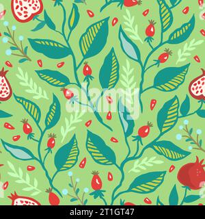 Seamless pattern with dynamic stylizes branches with red berries. Original trendy background for design Stock Vector