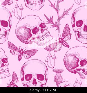 Halloween black and white seamless pattern with realistic human skull, spider web, moths and flowers. Gothic print in retro engraving style. Stock Vector