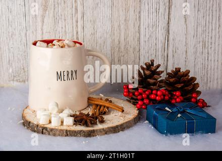 Hot chocolate with marshmallows on a black background Stock Photo