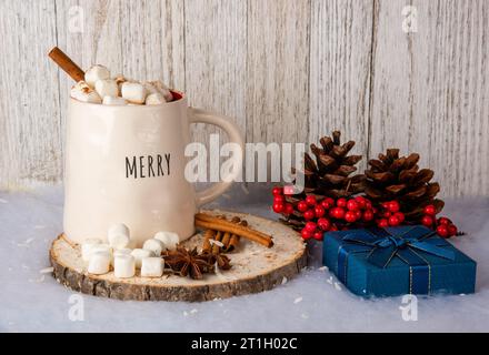 Hot chocolate with marshmallows on a black background Stock Photo