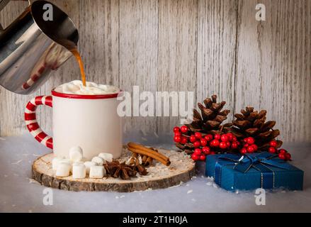 Hot chocolate with marshmallows on a black background Stock Photo