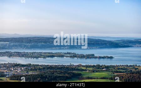 Reichenau Island, drone photo, largest island in Lake Constance. Since 2000, it has been listed with Reichenau Monastery on the UNESCO World Heritage Stock Photo