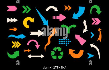 Colorful arrows set on dark background. Abstract icons in modern sketch style. Trendy Y2K retro pointers. Cartoon vector illustration Stock Vector