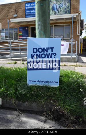 Blue vote no don't know sign outside a polling place in suburban Melbourne on the day of the indigenous voice to parliament referendum Stock Photo