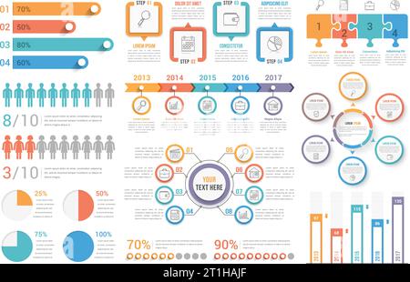 Set of most useful infographic elements - bar graphs, human infographics, pie charts, steps and options, workflow, puzzle, percents, circle diagram, t Stock Vector