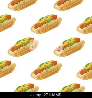 Hot dog pattern in isometry on a white background. Vector Stock Vector